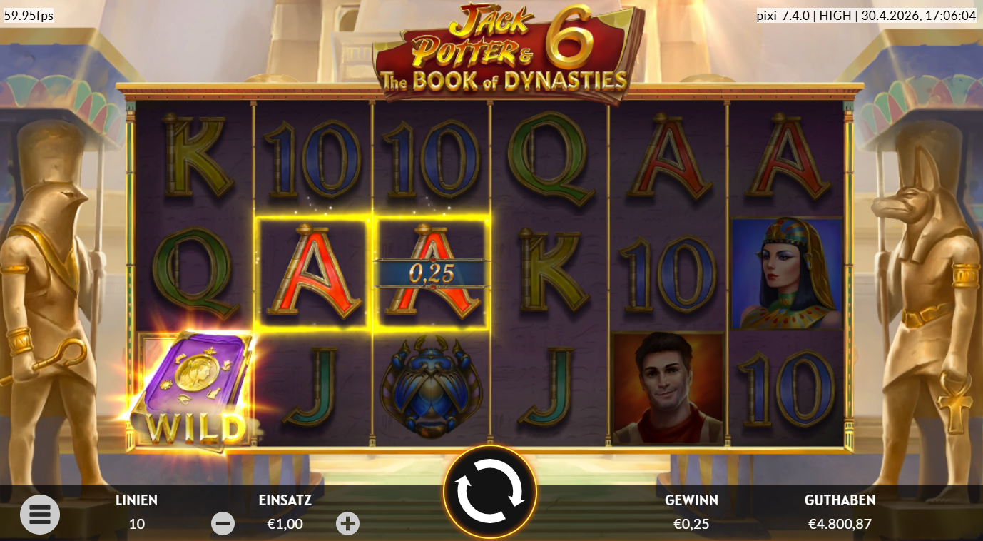 Jack-Potter-and-The-Book-of-Dynasties-6-Slot mit Buch‑Wild, Gewinnlinie, Abenteurer, Cleopatra und Symbolen.