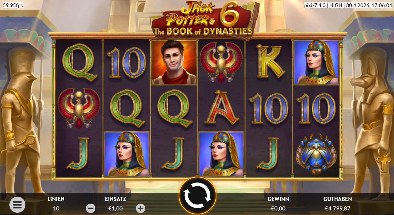 Jack-Potter-and-The-Book-of-Dynasties-6-Slot mit Abenteurer‑Wild, Cleopatra, Skarab&auml;us und Kartenwerten.