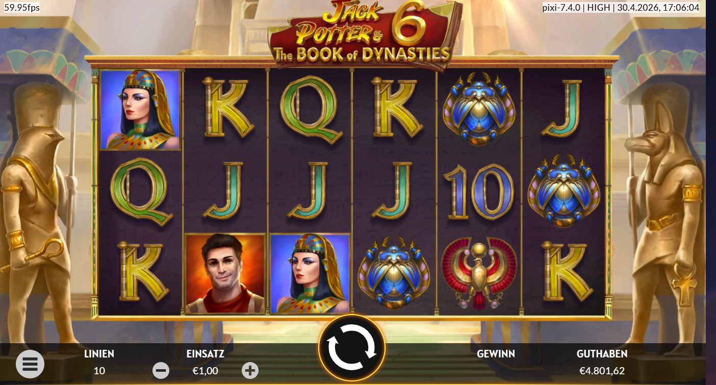 Jack-Potter-and-The-Book-of-Dynasties-6-Slot mit Cleopatra, Abenteurer‑Wild, Skarab&auml;us und Kartenwerten.