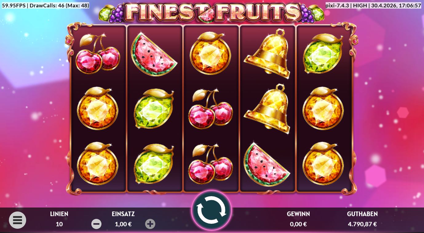 Finest-Fruits-Slot mit Kirschen, Melonen, Orangen, Zitronen, Glocken und Edelstein‑Optik.