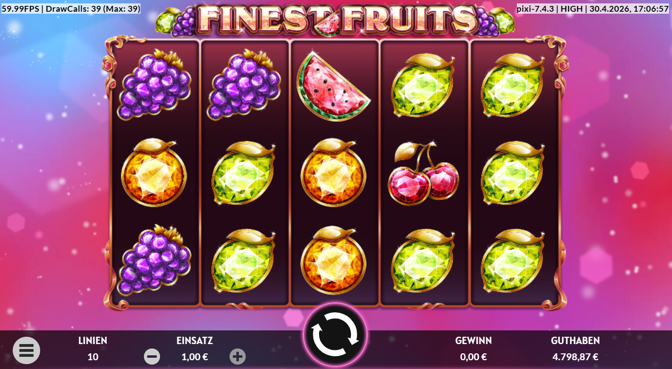 Finest-Fruits-Slot mit Trauben, Zitronen, Orangen, Kirschen und Melonen‑Symbolen.