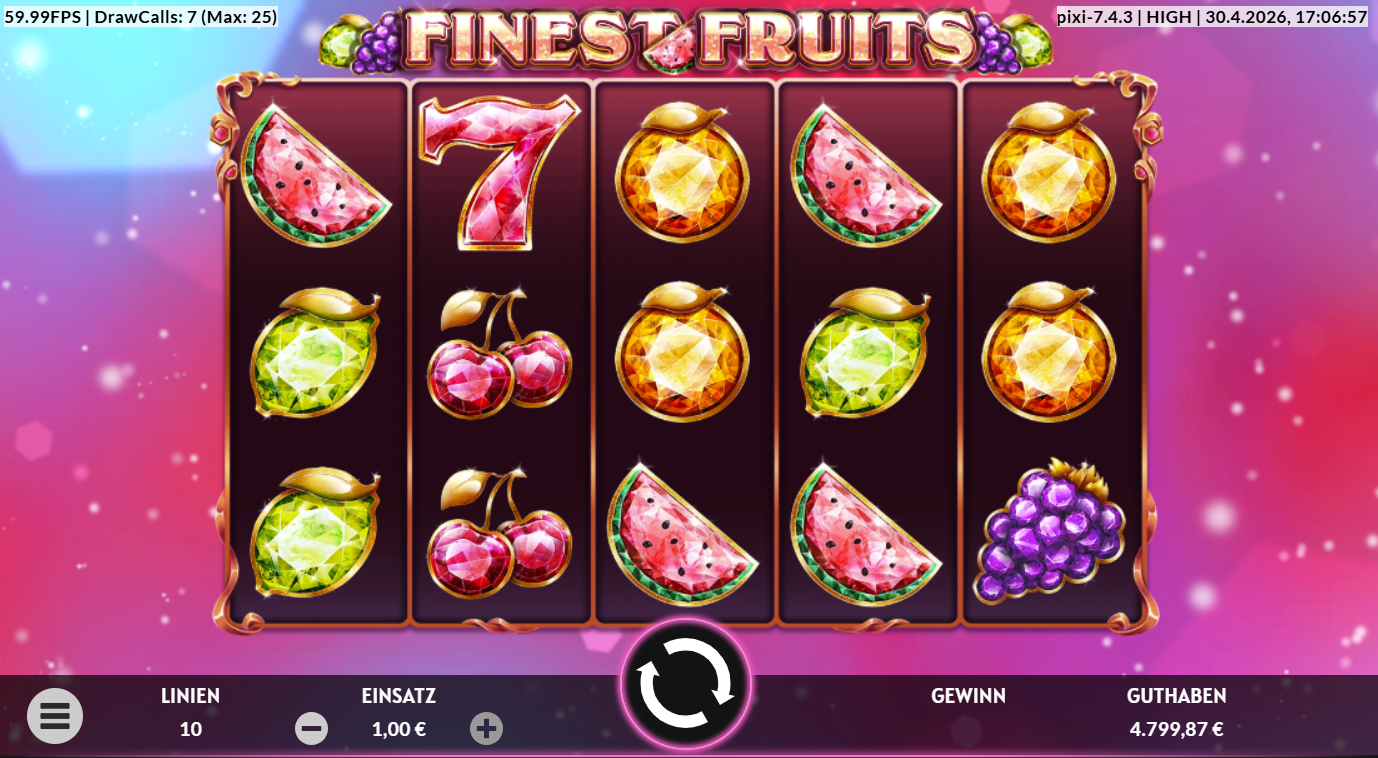 Finest-Fruits-Slot mit Sieben, Kirschen, Trauben, Melonen und funkelnden Edelstein‑Fr&uuml;chten.
