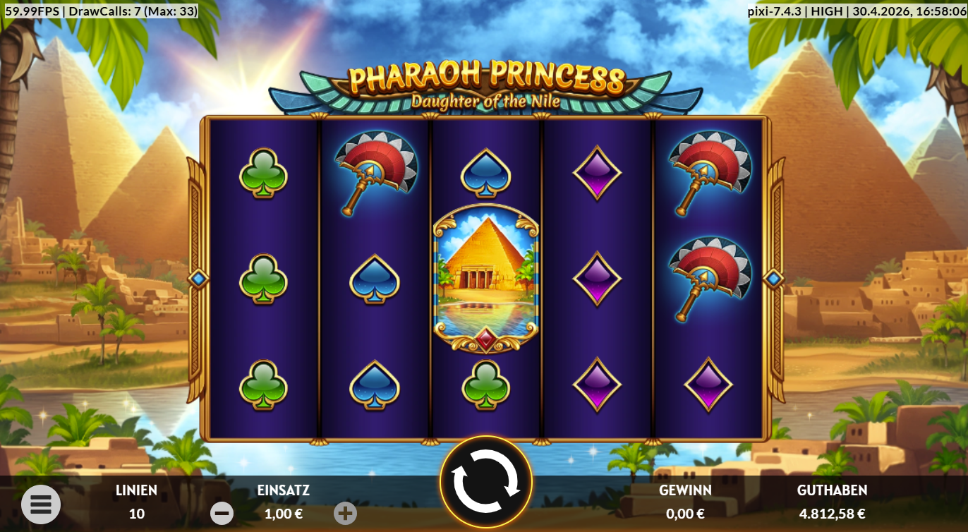 Pharaoh-Princess-Daughter-of-the-Nile-Slot mit Pyramiden‑Scatter, F&auml;chern, Ankhs und Kartensymbolen.