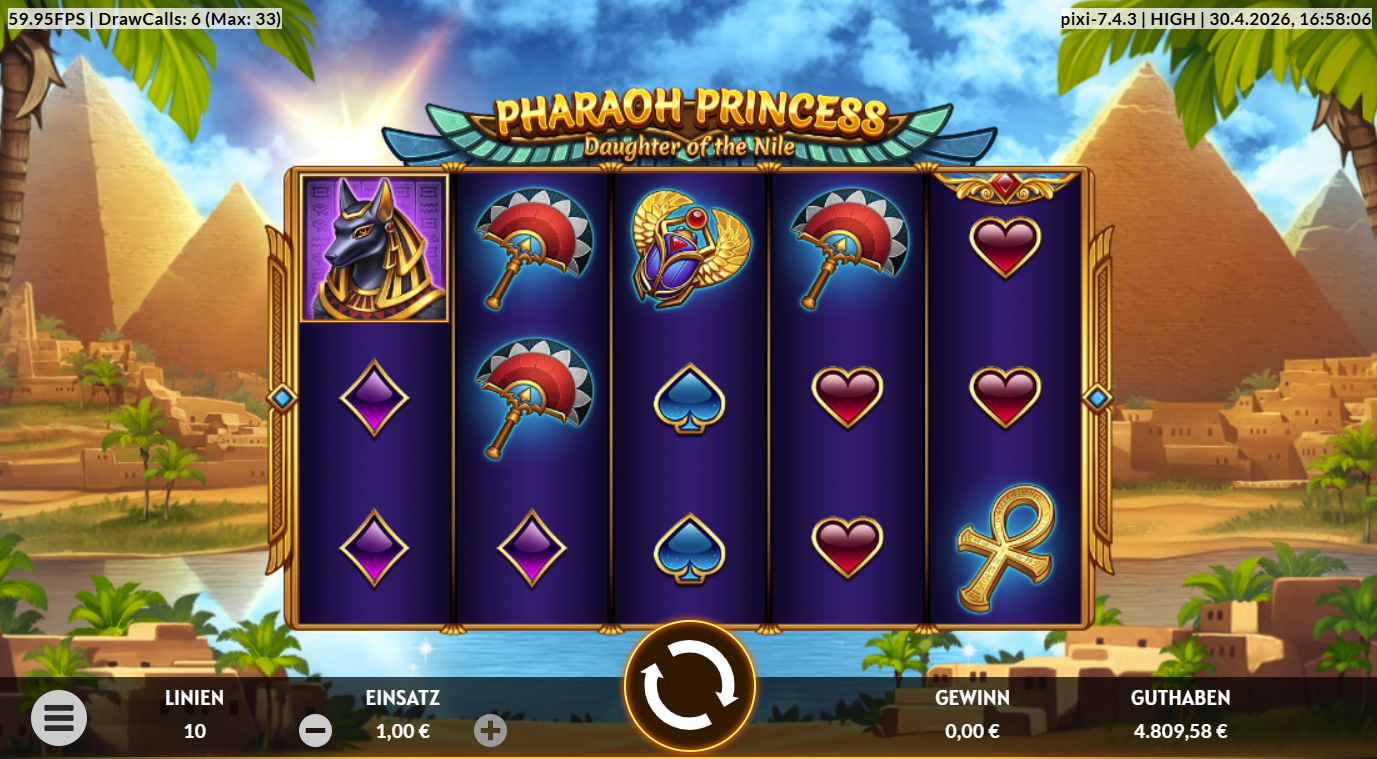 Pharaoh-Princess-Daughter-of-the-Nile-Slot mit Anubis‑Wild, F&auml;chern, Skarab&auml;us, Ankh und Kartensymbolen.