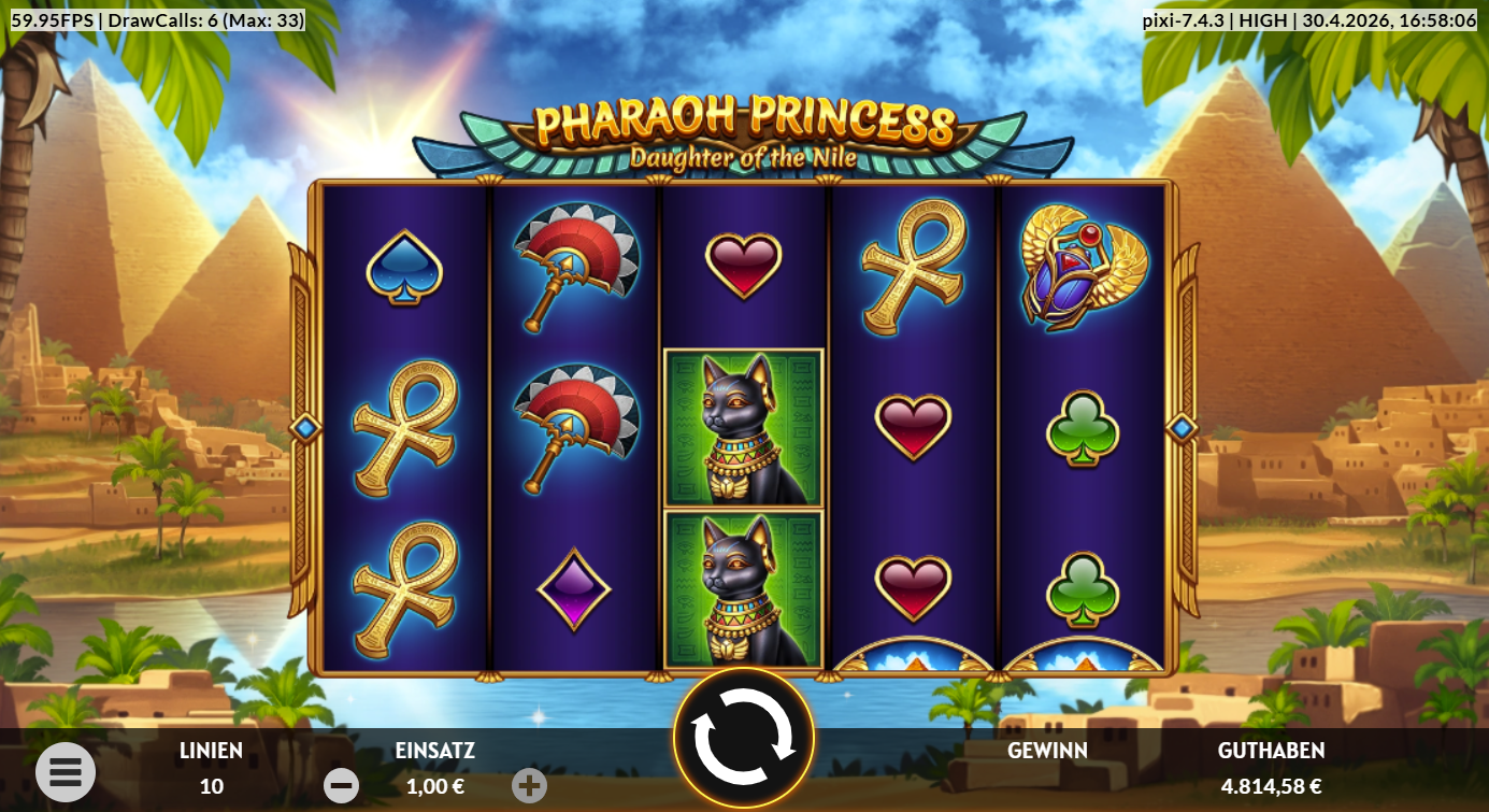Pharaoh-Princess-Daughter-of-the-Nile-Slot mit Katzen‑Wild, Ankh, F&auml;chern, Skarab&auml;us und Kartensymbolen.