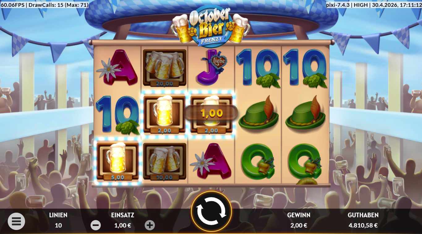 October-Bier-Frenzy-Slot mit Bierkrug‑Gewinn, leuchtender Linie und Kartensymbolen.