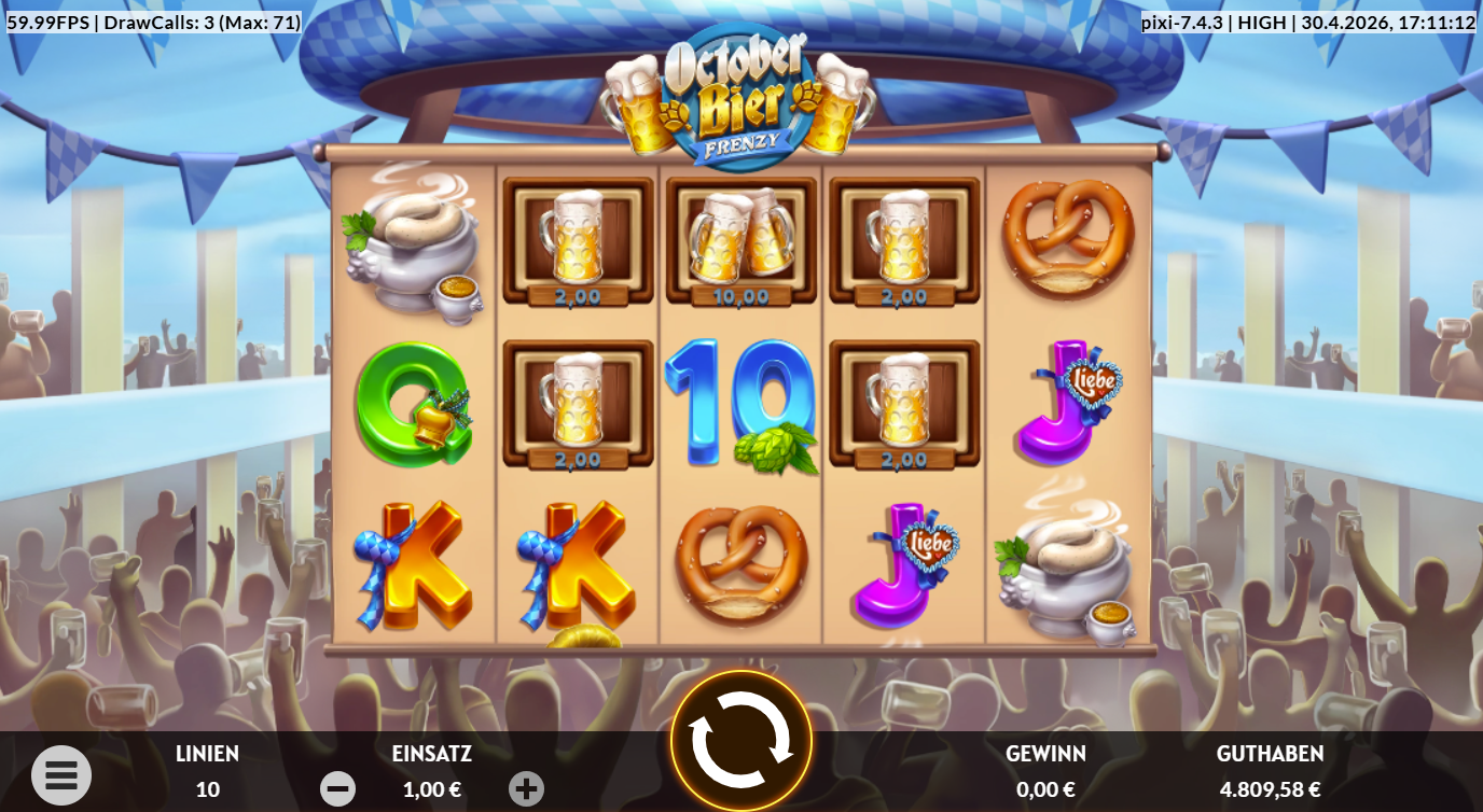 October-Bier-Frenzy-Slot mit Bierkr&uuml;gen, Brezeln, Stiefeln, Wei&szlig;wurst und Kartenwerten.