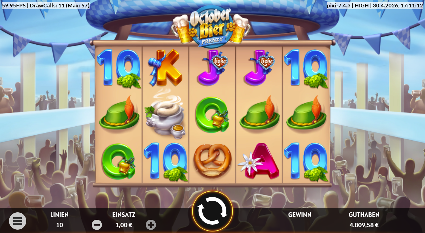October-Bier-Frenzy-Slot mit Wei&szlig;wurst, Brezeln, H&uuml;ten, Stiefeln und Kartenwerten.