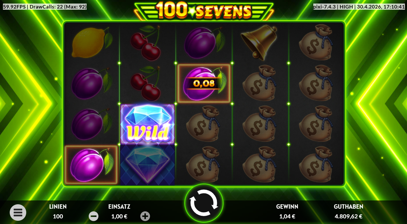 100-Sevens-Slot mit Diamant‑Wild, Gelds&auml;cken, Fr&uuml;chten, Glocken und Gewinnanzeige.