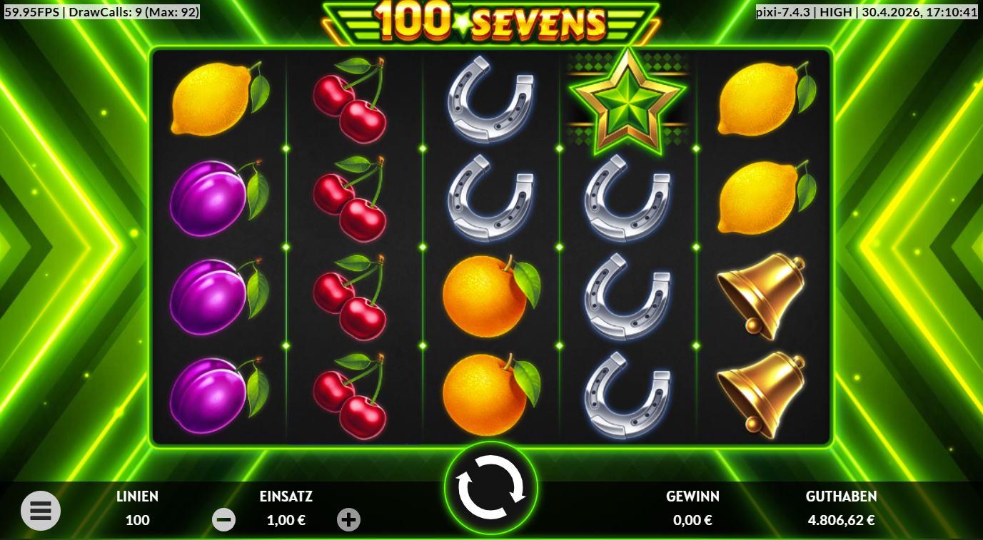 100-Sevens-Slot mit Stern‑Wild, Kirschen, Zitronen, Pflaumen, Glocken und Hufeisen.