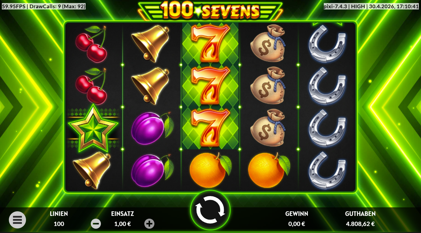 100-Sevens-Slot mit Stern‑Wild, roten Siebenen, Glocken, S&auml;cken, Hufeisen und Fr&uuml;chten.