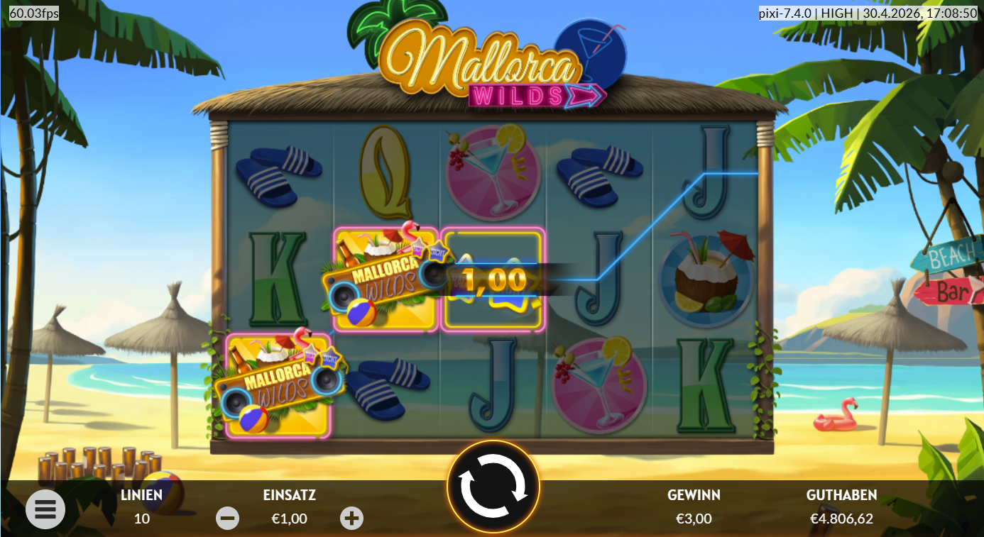 Mallorca-Wilds-Slot mit Wild‑Symbol, Gewinnlinie, Cocktails, Sandalen und Kartenwerten.