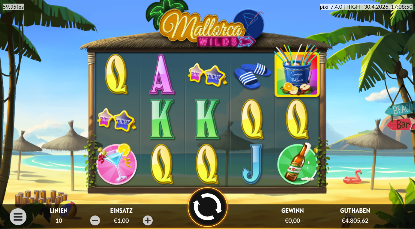 Mallorca-Wilds-Slot mit Cocktails, Bier, Sonnenbrillen, Sandalen und Kartensymbolen.