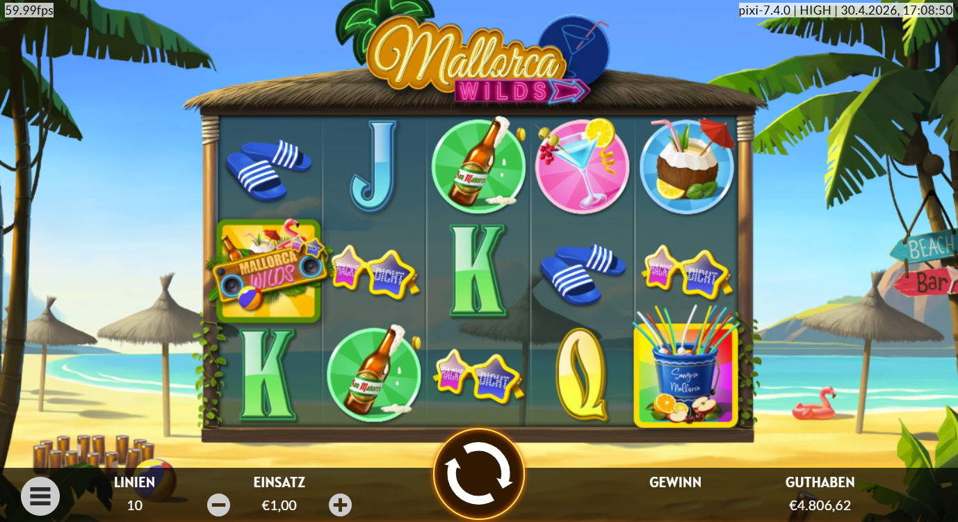 Mallorca-Wilds-Slot mit Wild, Cocktails, Bier und Sonnenbrillen.