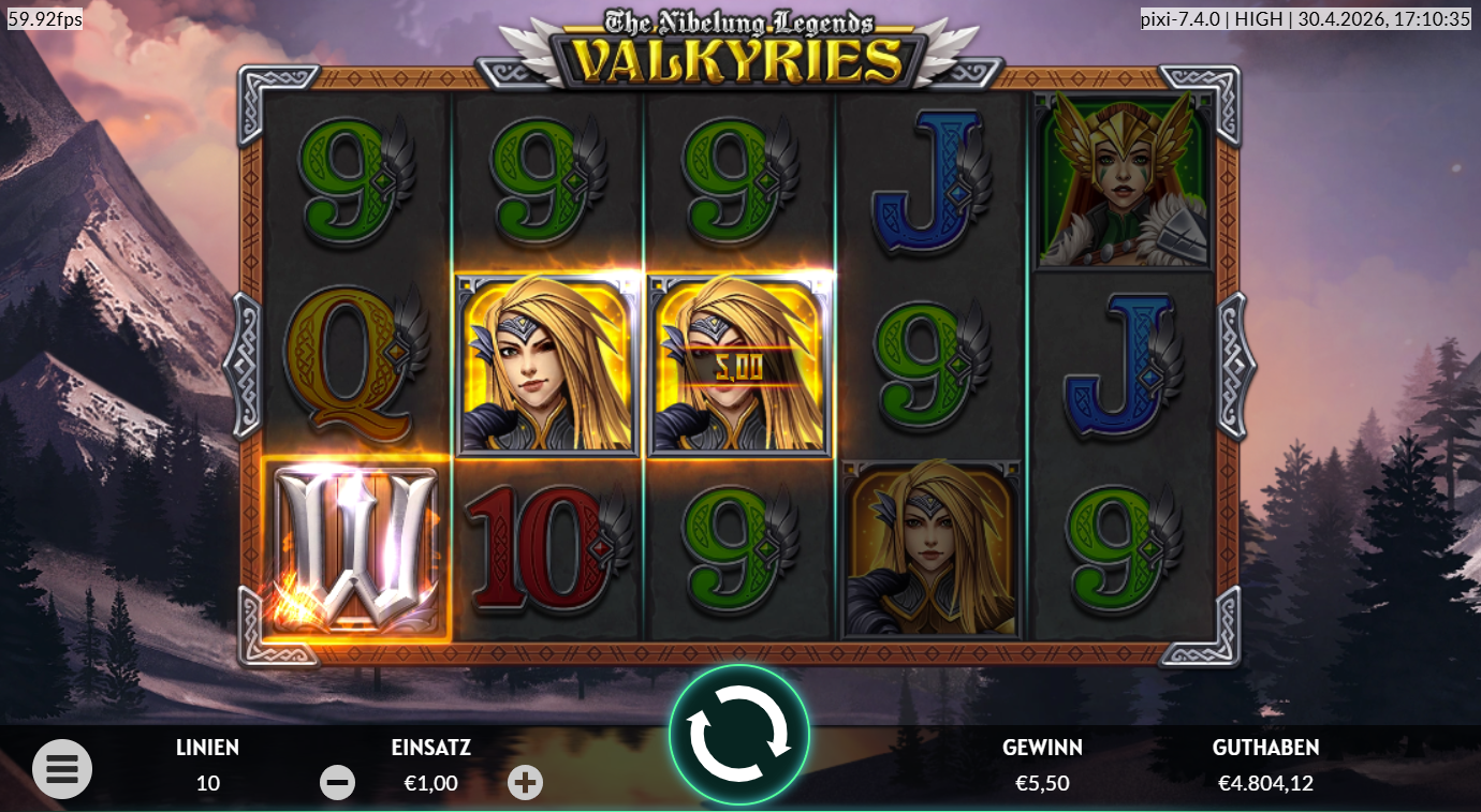 Valkyries-The-Nibelung-Legends-Slot mit W‑Wild, leuchtender Walk&uuml;re, Gewinnanzeige und Buchstaben.