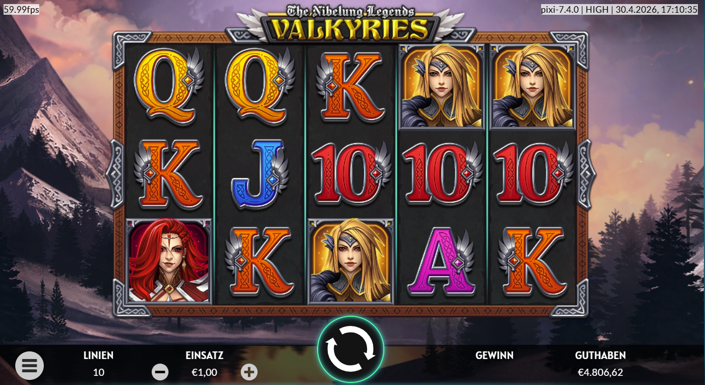 Valkyries-The-Nibelung-Legends-Slot mit Walk&uuml;ren‑Portr&auml;ts, gefl&uuml;gelten Buchstaben, 10‑Symbolen und Bergkulisse.
