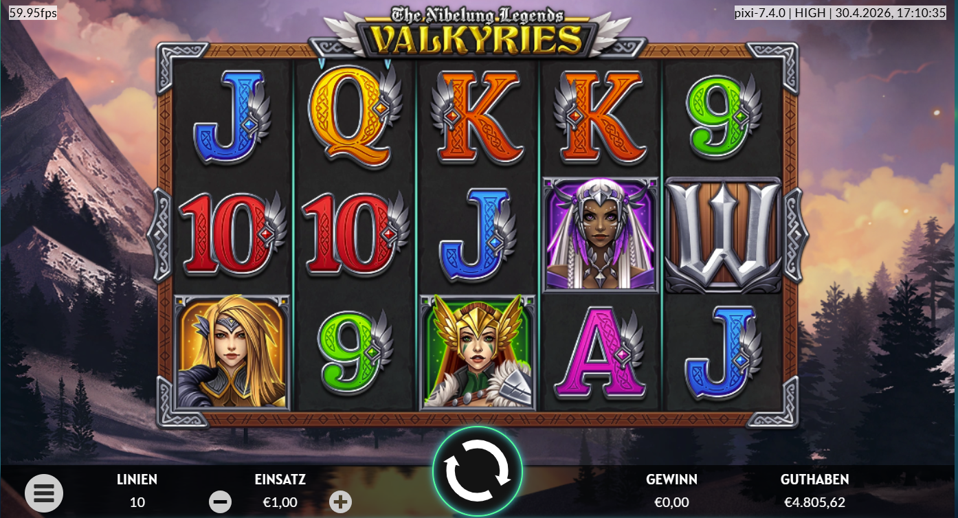Valkyries-The-Nibelung-Legends-Slot mit W‑Wild, Walk&uuml;ren‑Portr&auml;ts, gefl&uuml;gelten Buchstaben und Bergkulisse.