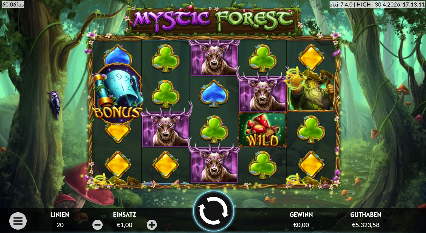 Mystic-Forest-Slot mit Bonus‑Schriftrolle, Pilz‑Wild, Hirsch, Zauberer und Symbolen.
