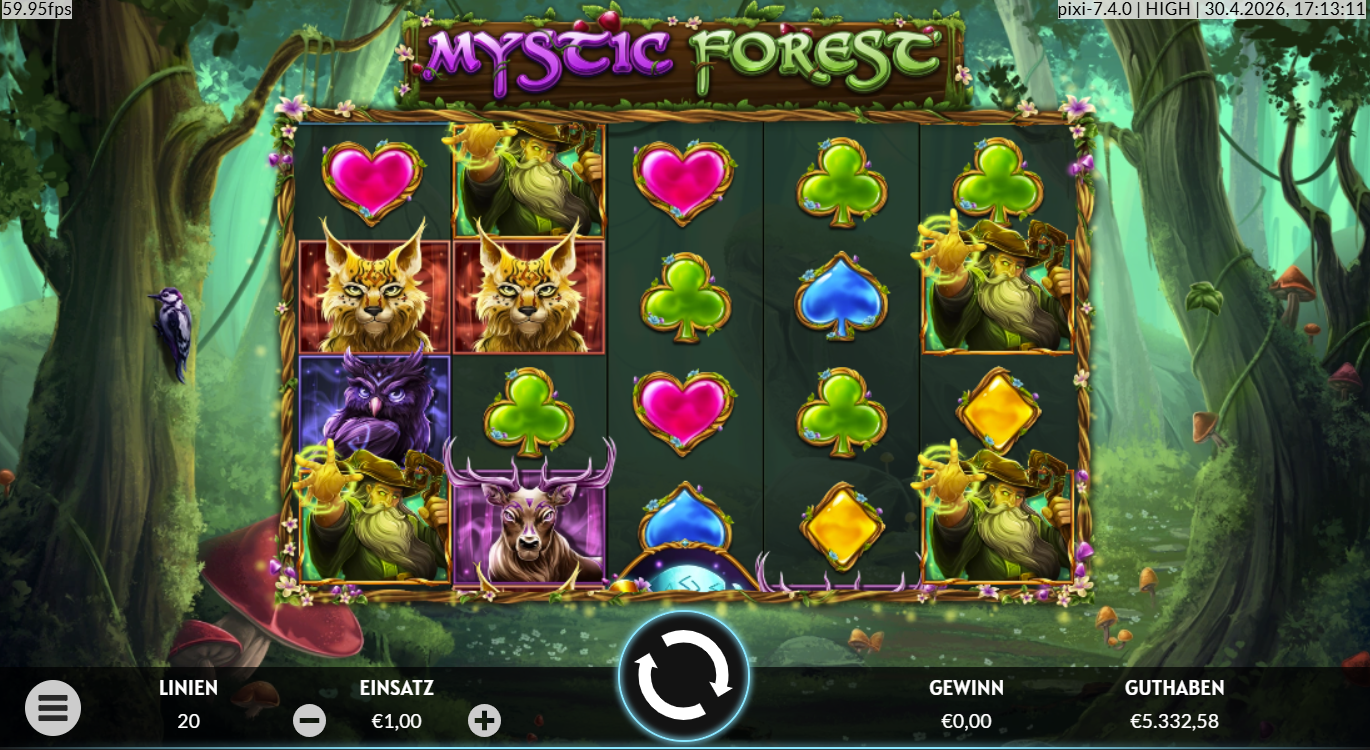 Mystic-Forest-Slot mit Luchs, Eule, Hirsch, Zauberer und bunten Kartensymbolen.