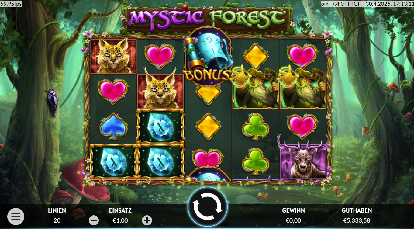 Mystic-Forest-Slot mit Bonus‑Schriftrolle, Luchs, Hirsch, Zauberer und Kartensymbolen.