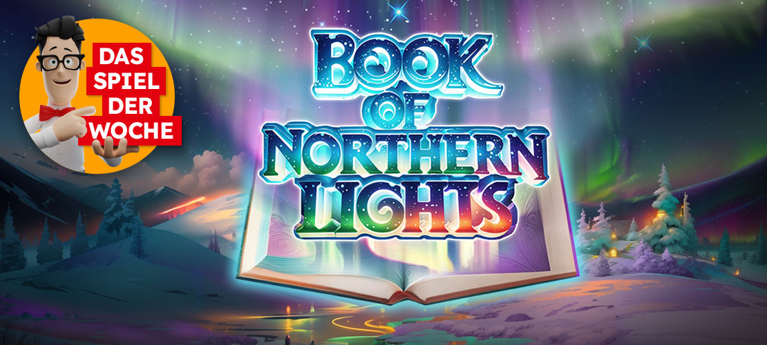Book of Northern Lights Slot. Polarlichter &uuml;ber schneebedeckten Bergen.