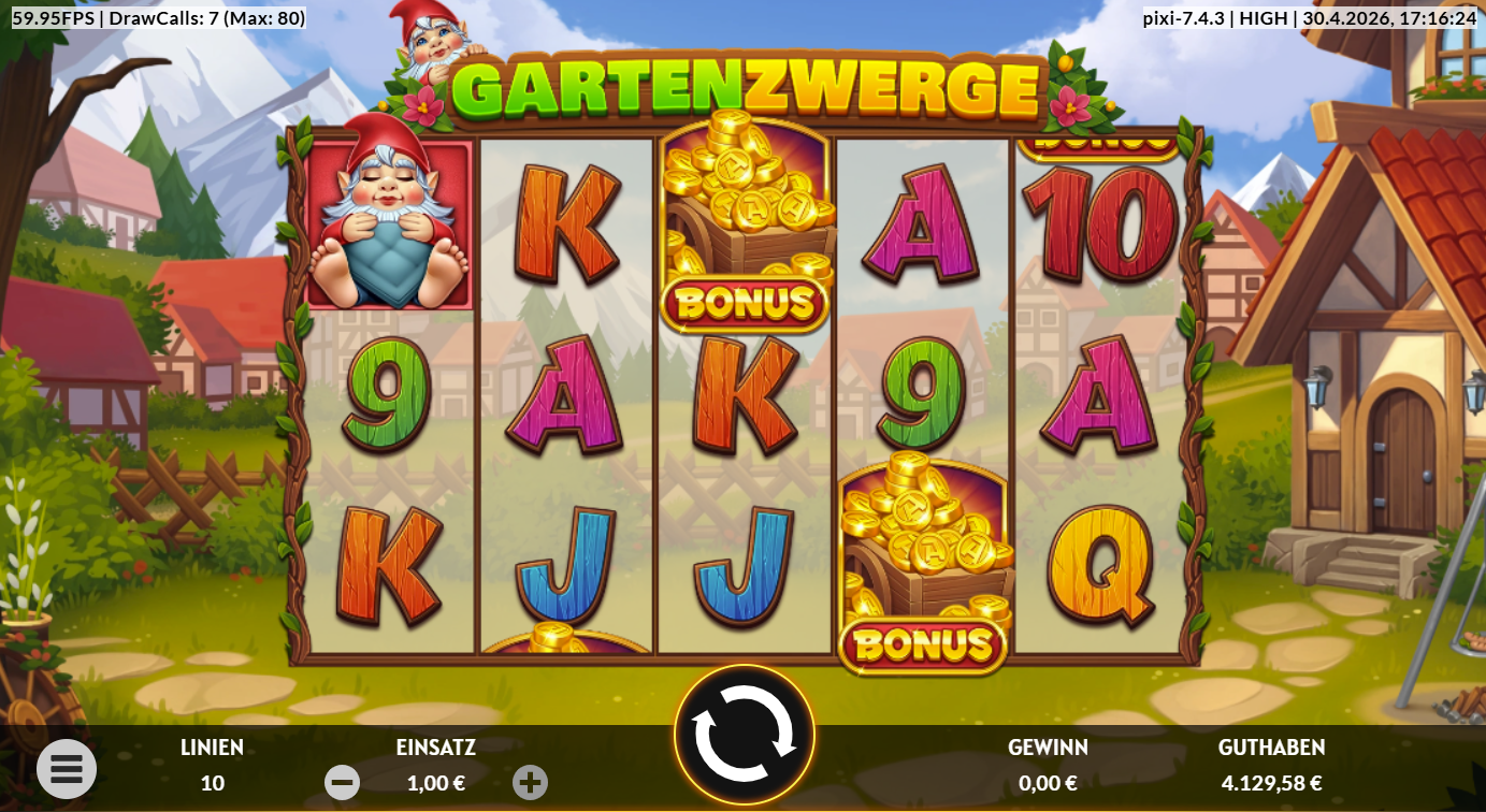Gartenzwerge-Slot Bonus‑M&uuml;nzen, Gartenzwergen, bunten Kartenwerten und Dorfkulisse.