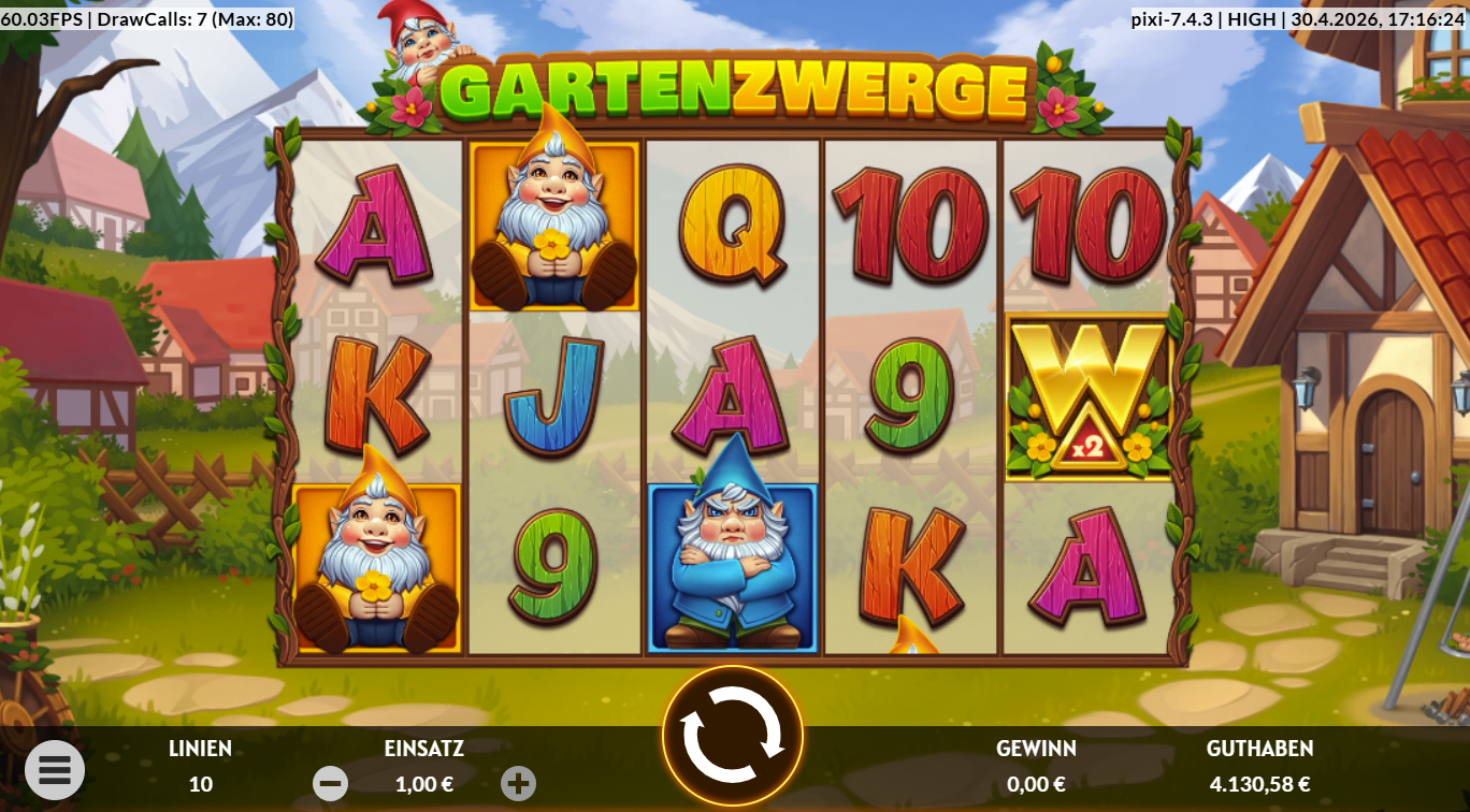 Gartenzwerge-Slot mit Gold‑W‑Wild x2, Gartenzwergen, bunten Kartenwerten und Dorfkulisse.