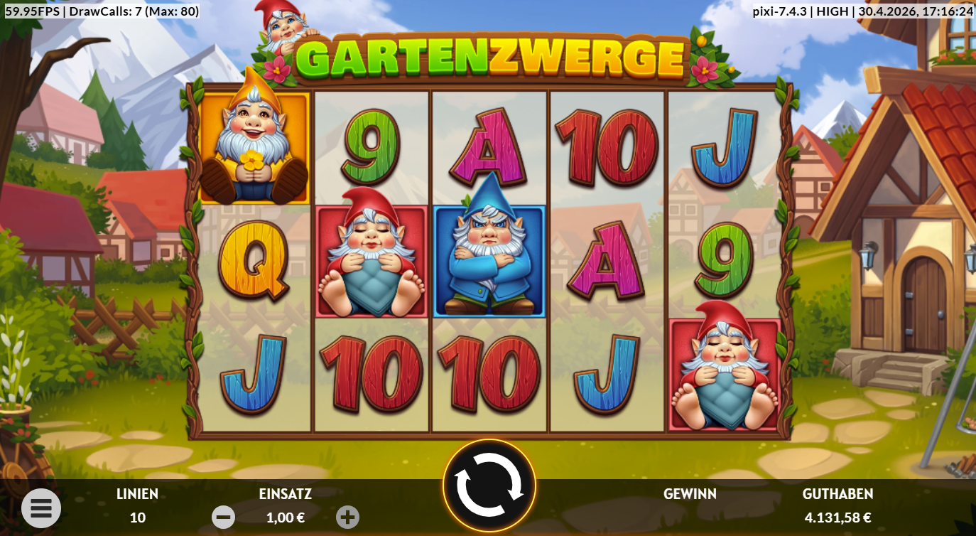 Gartenzwerge-Slot Gartenzwergen, bunten A‑10‑Symbolen und Dorfkulisse.
