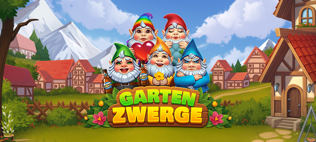 Spielgrafik von 'Garten Zwerge' mit fünf Zwergen vor einer Dorfkulisse.