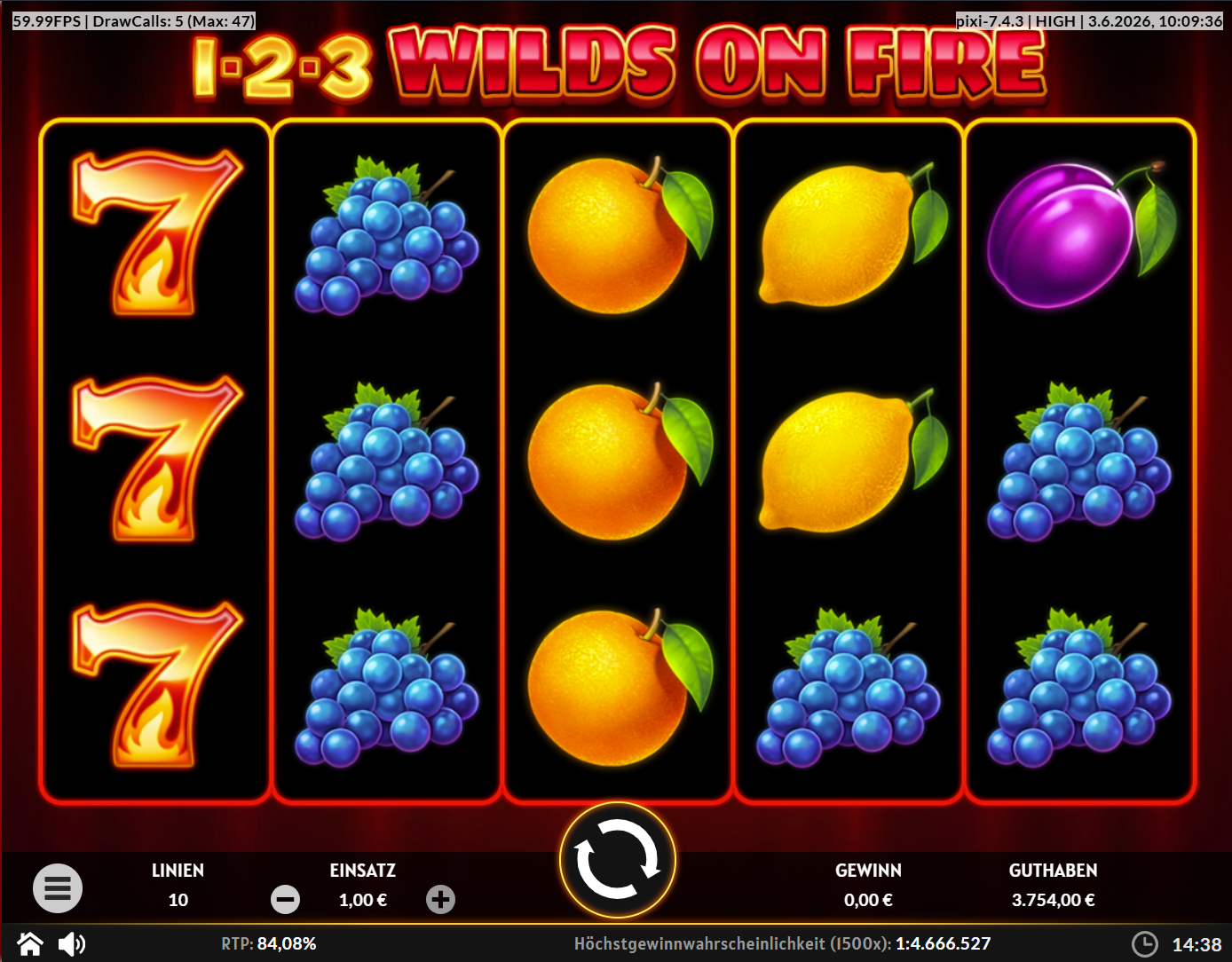 1-2-3-Wilds-on-Fire-Slot mit gestapelten Siebenen, Trauben, Orangen und Zitronen.