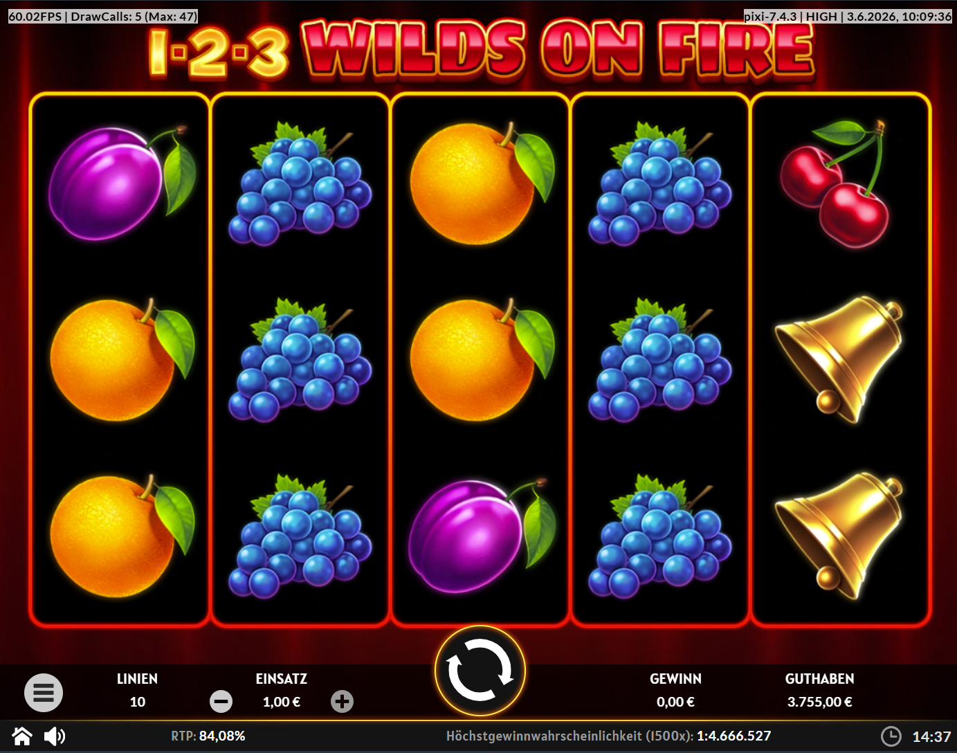 1-2-3-Wilds-on-Fire-Slot mit Trauben, Orangen, Pflaumen, Kirschen und Glocken.
