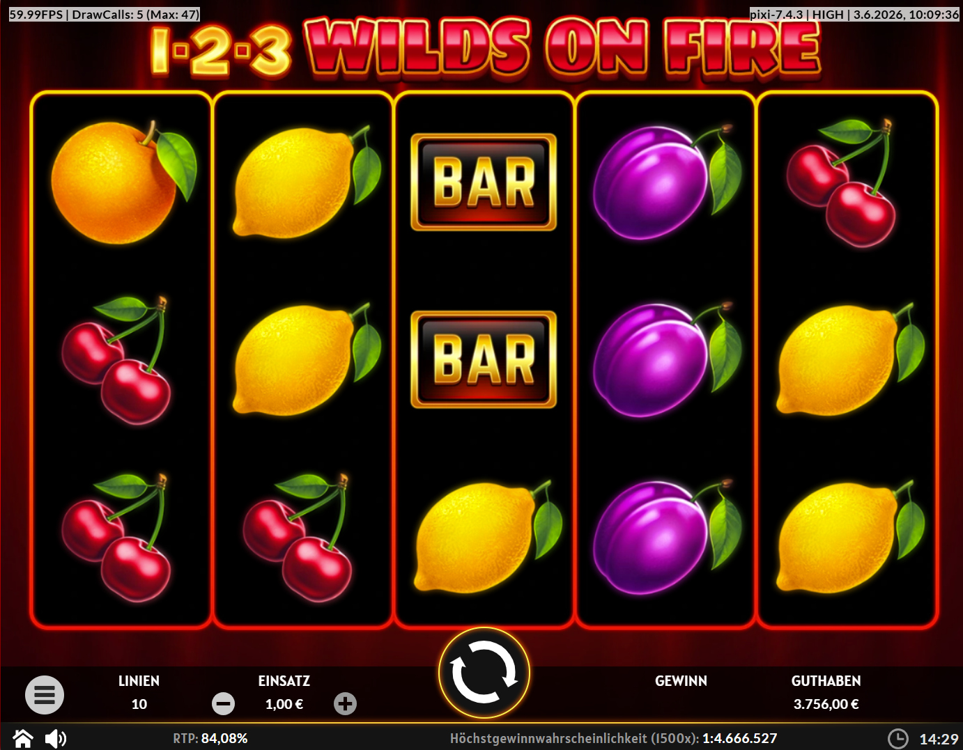 1-2-3-Wilds-on-Fire-Slot mit Kirschen, Zitronen, Pflaumen und BAR‑Symbolen.