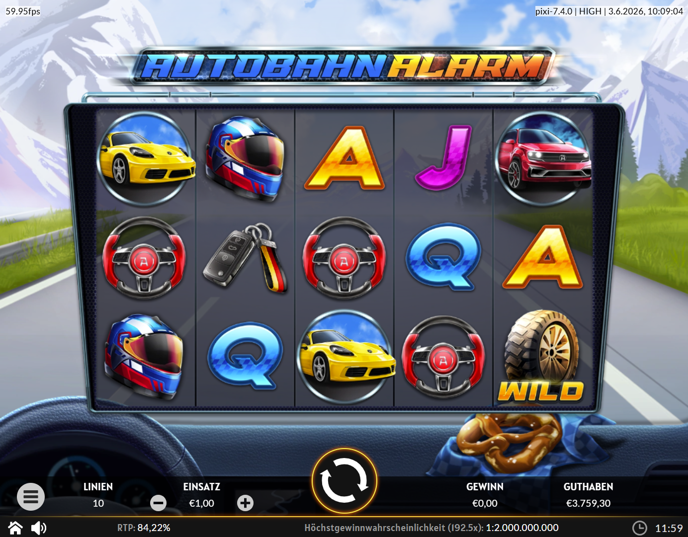 Autobahn-Alarm-Slot mit Reifen‑Wild, Sportwagen, Rennhelm, Autoschl&uuml;sseln und Lenkr&auml;dern.
