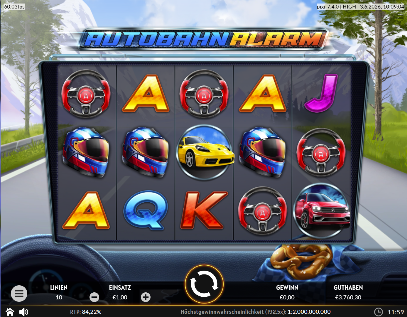 Autobahn-Alarm-Slot mit Rennhelmen, Sportwagen, Lenkr&auml;dern und A‑K‑Q‑J‑Symbolen.