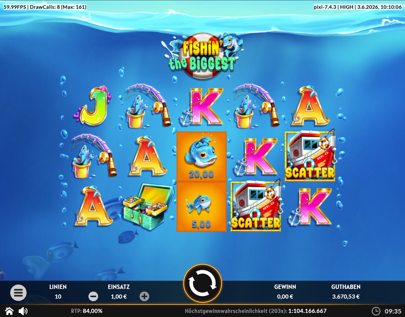 Fishin-the-Biggest-Slot mit Geldfischen, Boots‑Scattern, Angelruten und Schatzkiste.