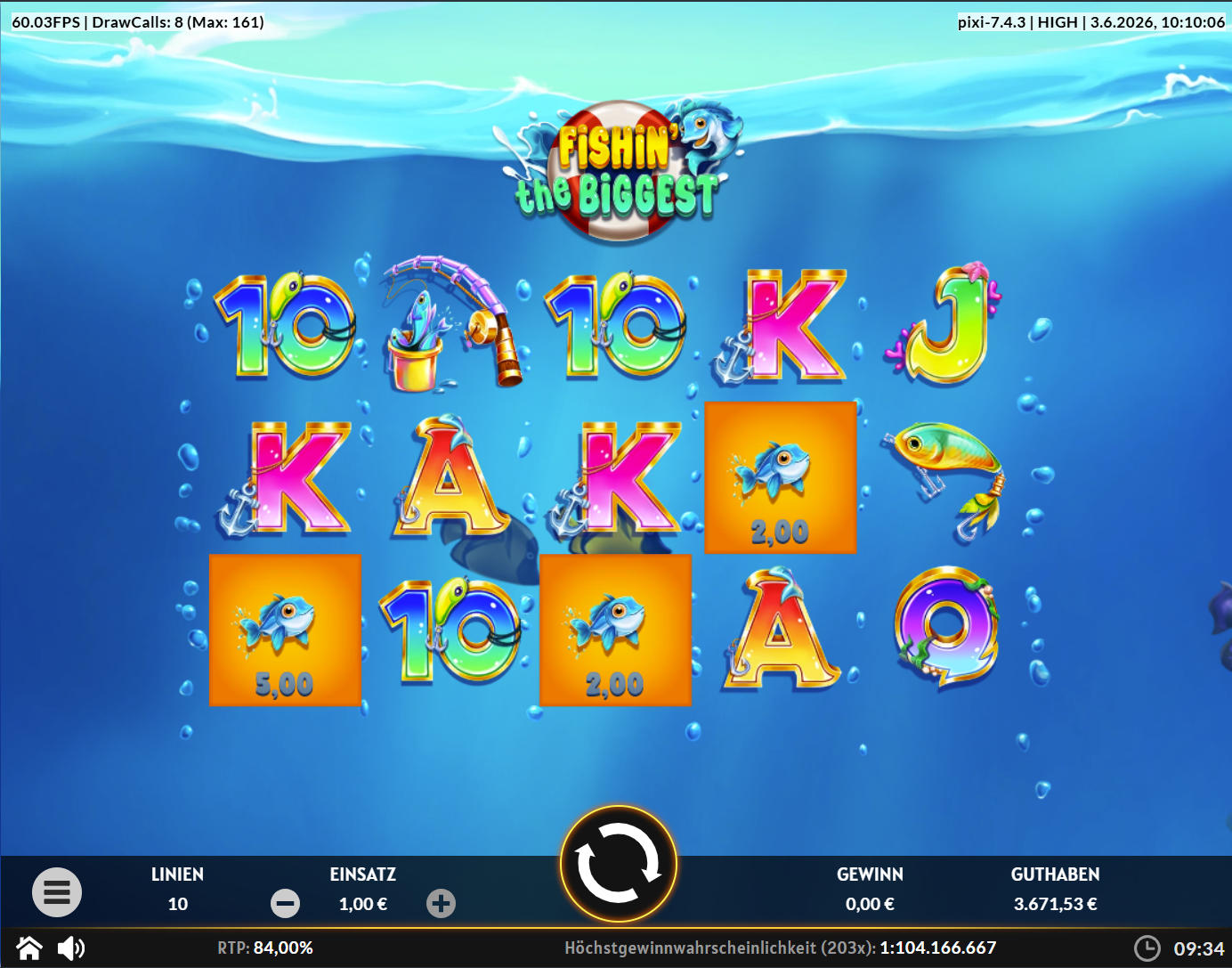 Fishin-the-Biggest-Slot mit Geldfischen, K&ouml;derfisch, Angelrute und A‑K‑Q‑J‑10.
