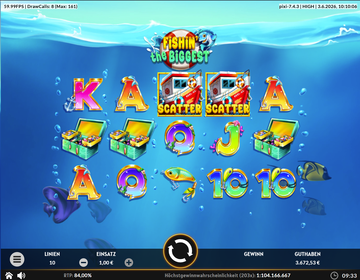 Fishin-the-Biggest-Slot mit Boots‑Scattern, Schatzkisten, K&ouml;derfisch und A‑K‑Q‑J‑10.