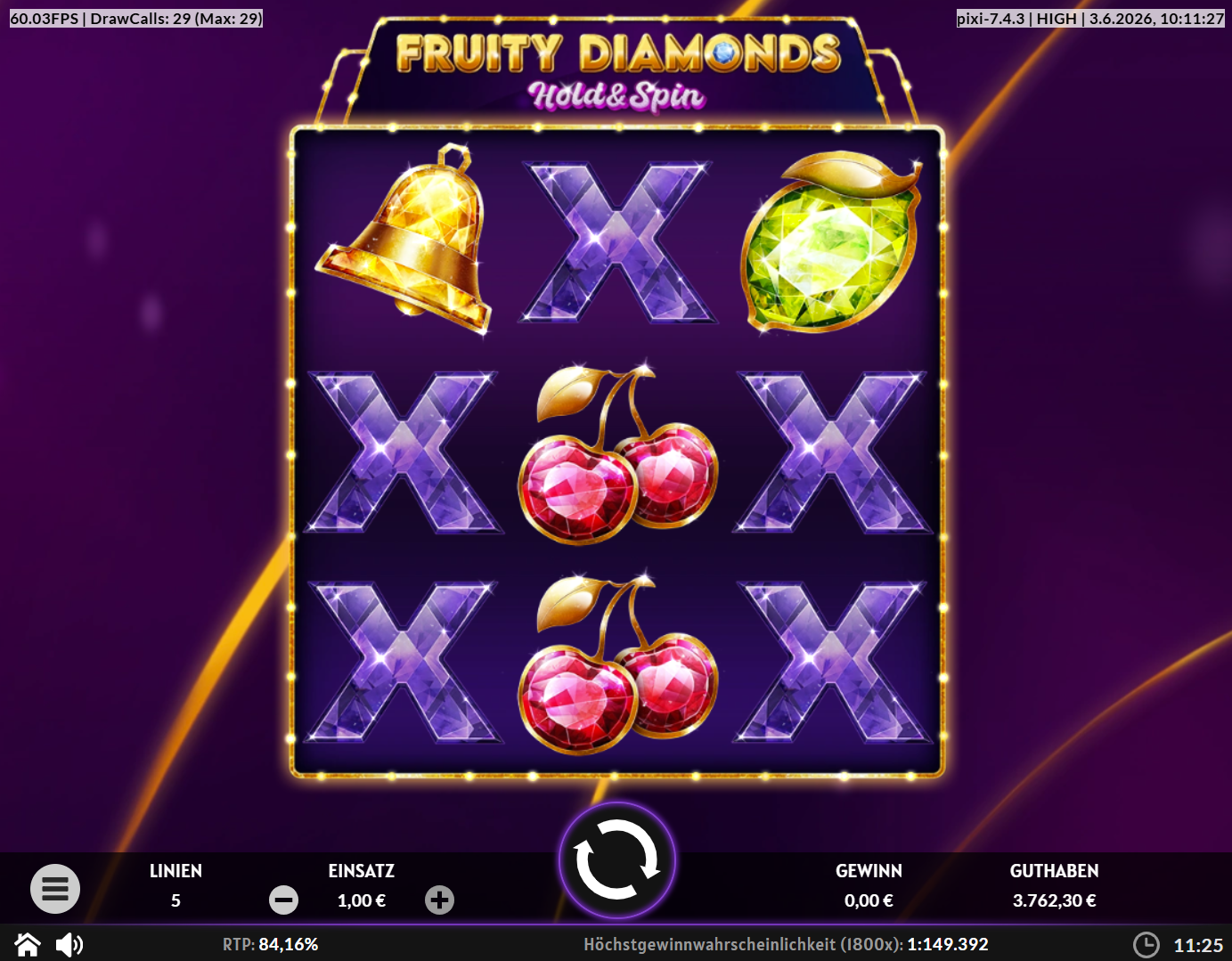 Fruity-Diamonds-Hold-and-Spin-Slot mit Edelstein‑Wilds, Kirschen, Glocke und gr&uuml;ner Zitrone.