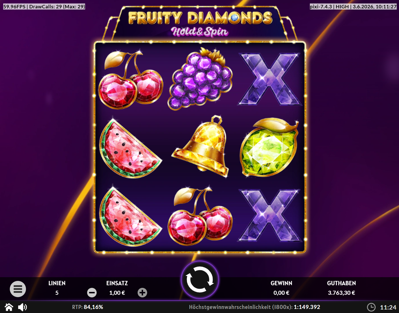 Fruity-Diamonds-Hold-and-Spin-Slot mit Kirschen, Trauben, Glocke, Melonen und Edelsteinen.