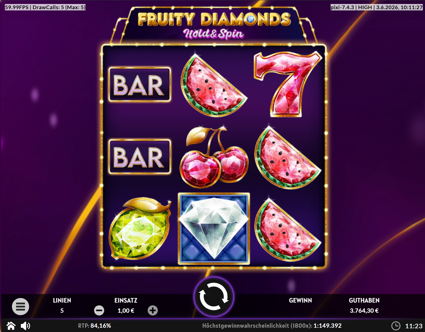 Fruity-Diamonds-Hold-and-Spin-Slot mit Diamant, BAR, Sieben, Kirschen und Melonen.