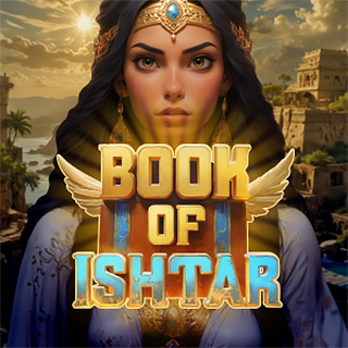 Spielgrafik von 'Book of Ishtar' mit einer königlichen Frau vor antiker Kulisse.