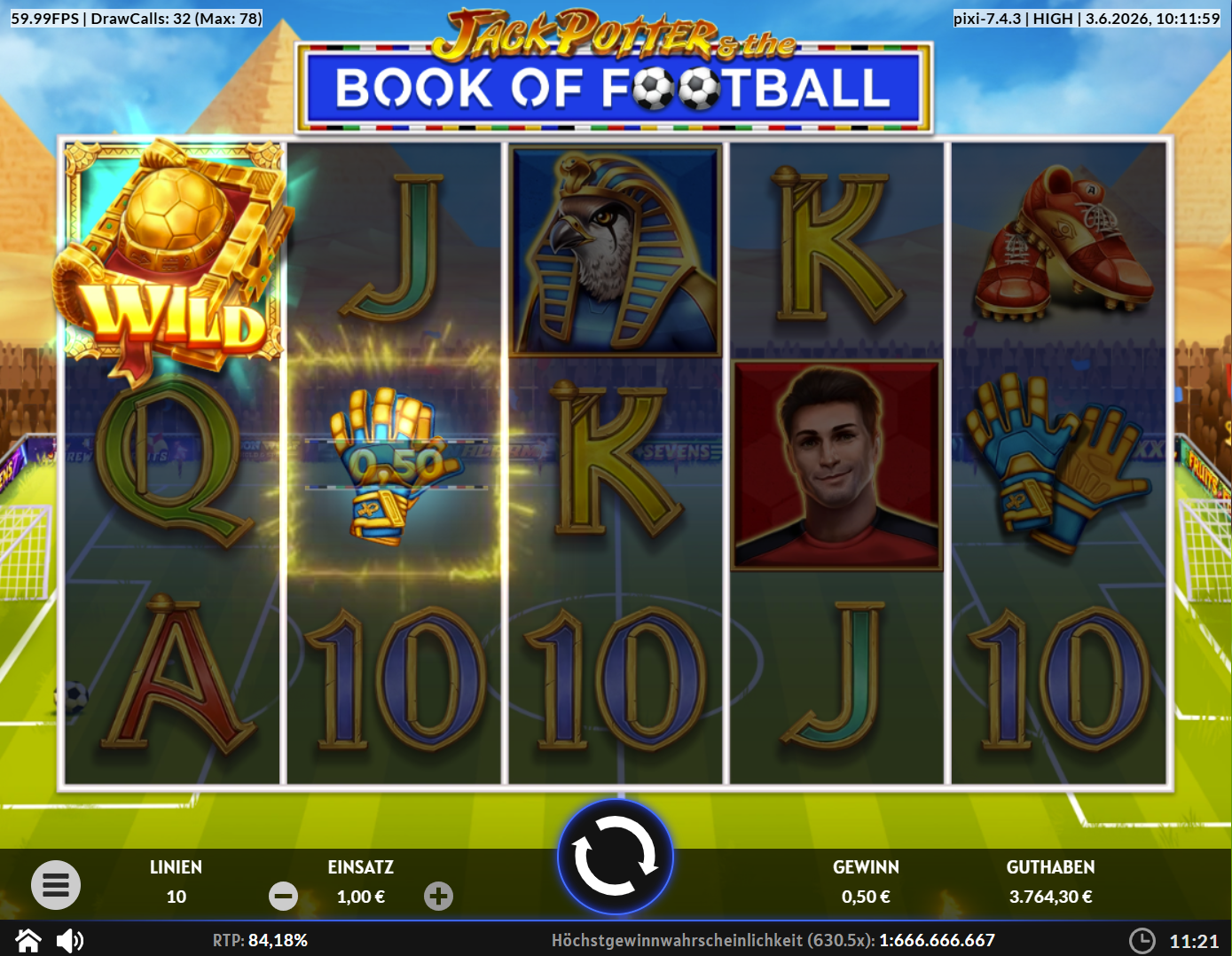 Jack-Potter-and-the-Book-of-Football-Slot mit Fu&szlig;ball‑Wild, Torwarthandschuhen und Horusfalke.
