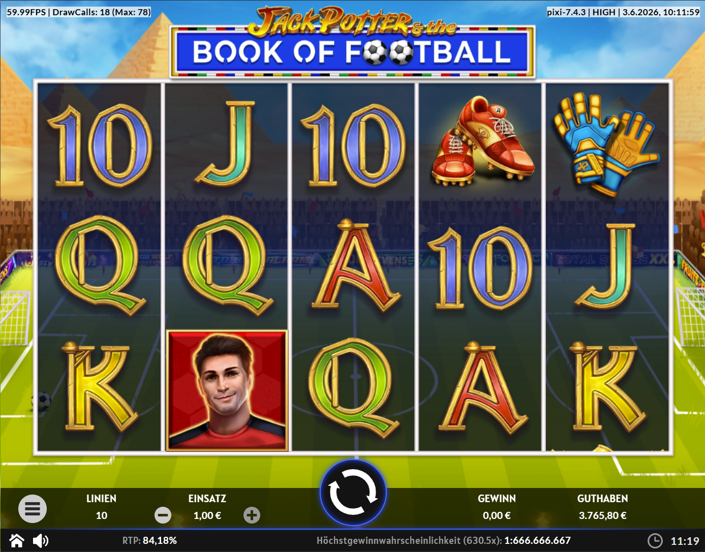 Jack-Potter-and-the-Book-of-Football-Slot mit Fu&szlig;ballschuhen, Torwarthandschuhen und A‑K‑Q‑J‑10.