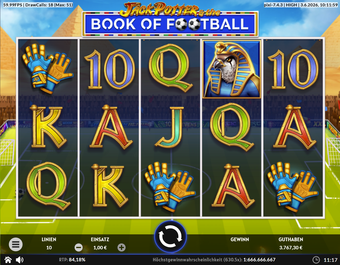 Jack-Potter-and-the-Book-of-Football-Slot mit Torwarthandschuhen, Horusfalke und A‑K‑Q‑J‑10.