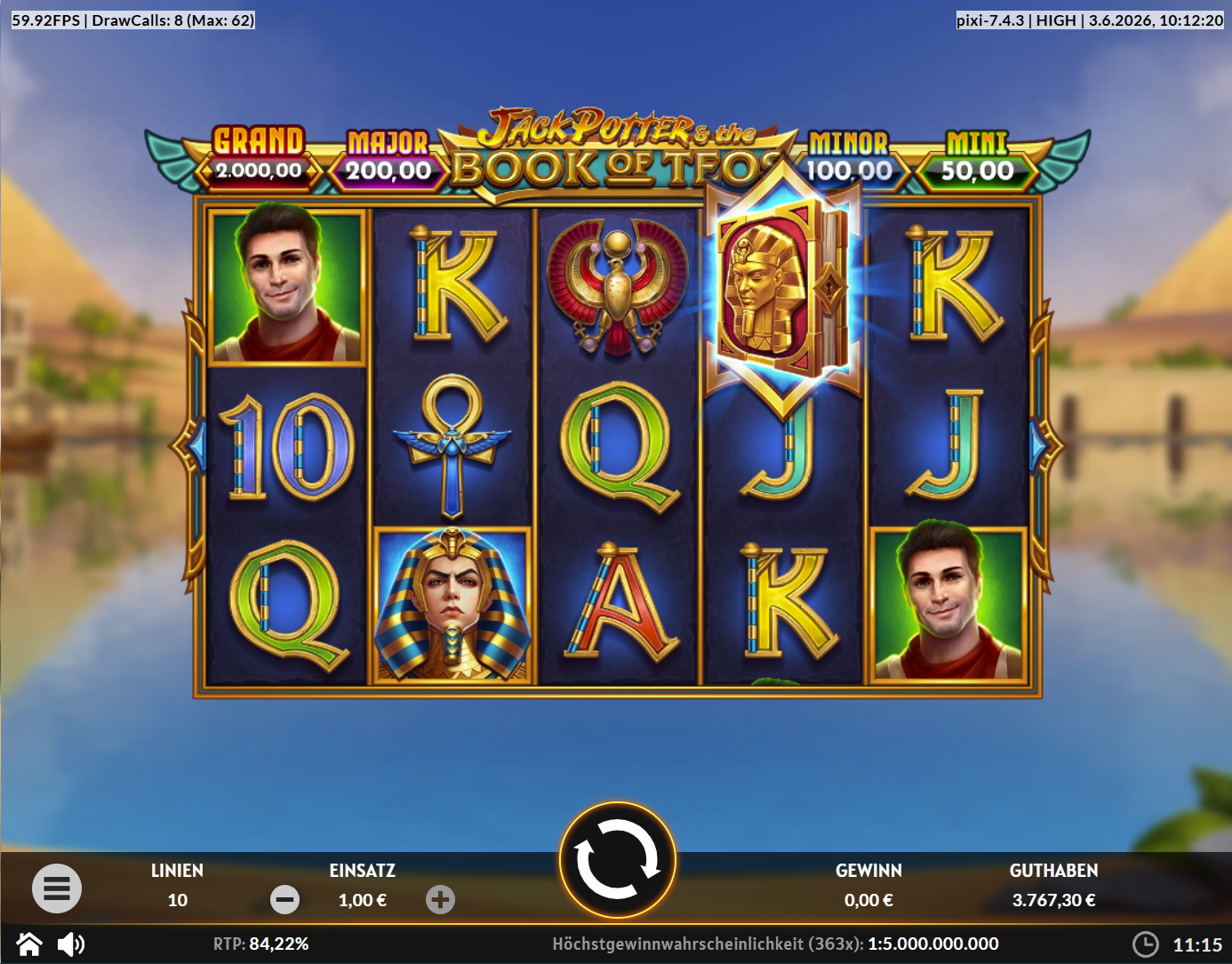 Jack-Potter-and-the-Book-of-Teos-Slot mit Buch‑Wild, Abenteurer, Pharaomaske und Ankh.