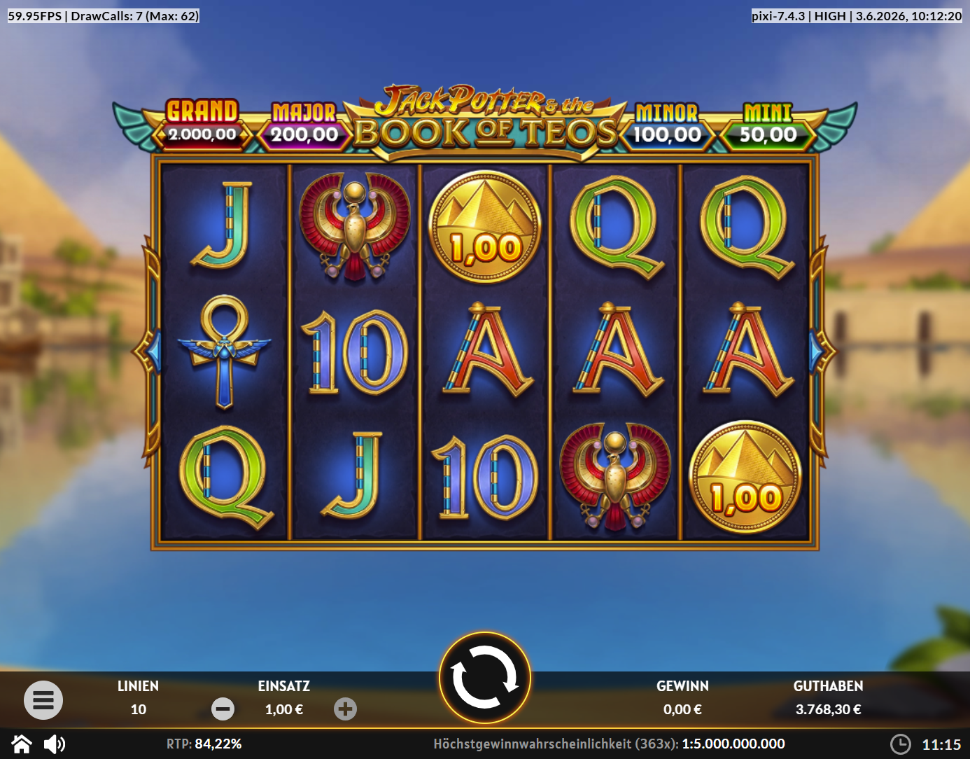 Jack-Potter-and-the-Book-of-Teos-Slot mit Skarab&auml;en, Ankh, Pyramidenm&uuml;nzen und A‑Q‑J‑10.