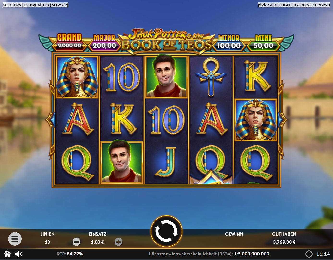 Jack-Potter-and-the-Book-of-Teos-Slot mit Pharaomaske, Abenteurer und A‑K‑Q‑J‑10.