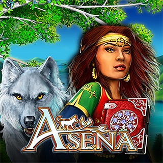 Spielgrafik von 'Asena' mit Kriegerin und Wolf.