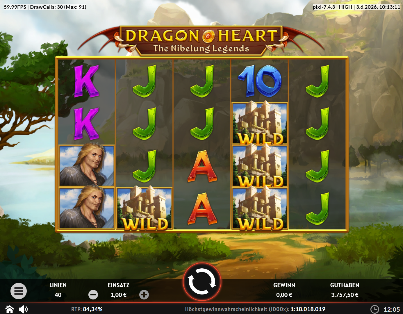 Dragonheart-The-Nibelung-Legends-Slot mit Burg‑Wilds, Heldenportr&auml;ts und J‑Symbolen.