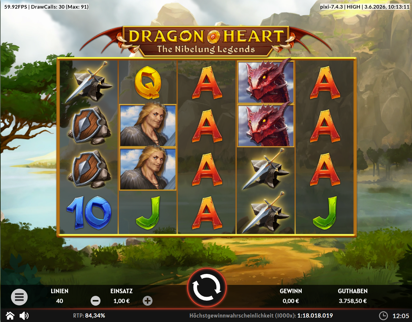 Dragonheart-The-Nibelung-Legends-Slot mit Drachen, Schilden, Schwertern und A‑K‑Q‑J‑10.
